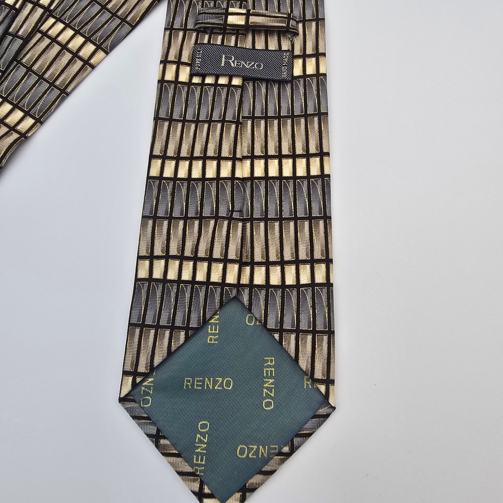 RENZO Men's Geometric Pattern Tie Gold Black Beige Polyester Luxury Neckwear - Picture 4 of 5